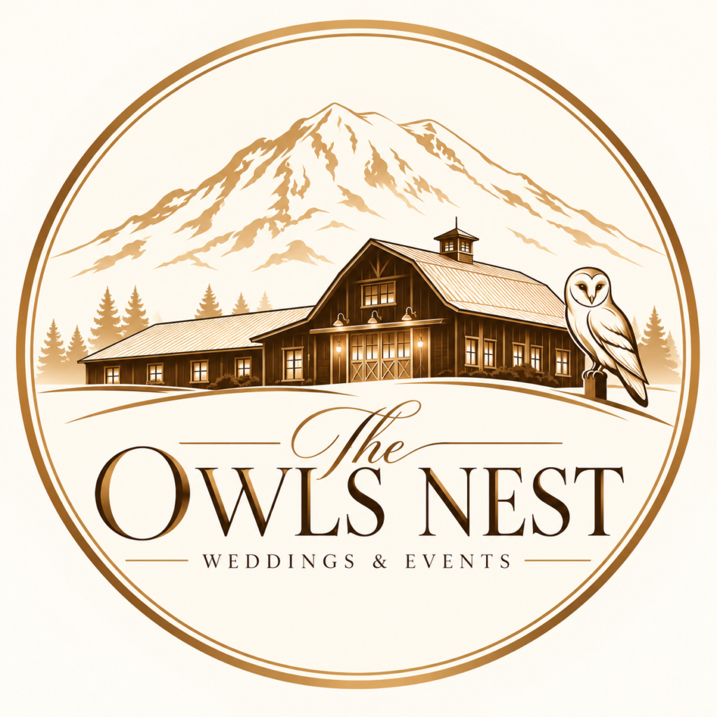 Logo for The Owls Nest Weddings & Events featuring a barn, a barn owl, and a mountain range in a circular frame.