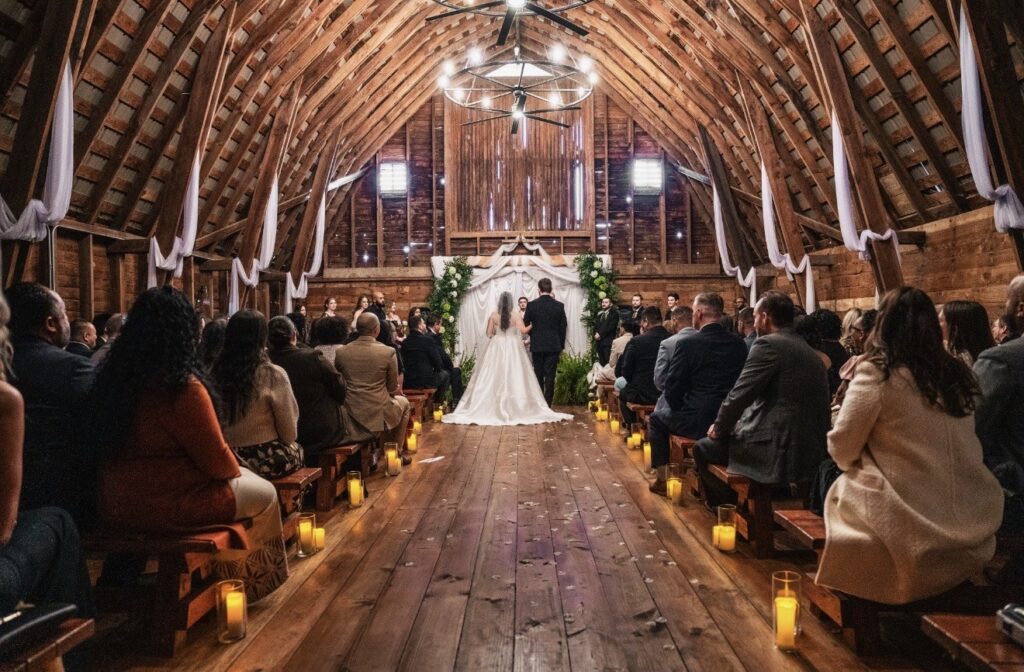 A bride and groom stand at the altar of a rustic wooden barn during their wedding ceremony, with guests seated on wooden benches on either side of the aisle.