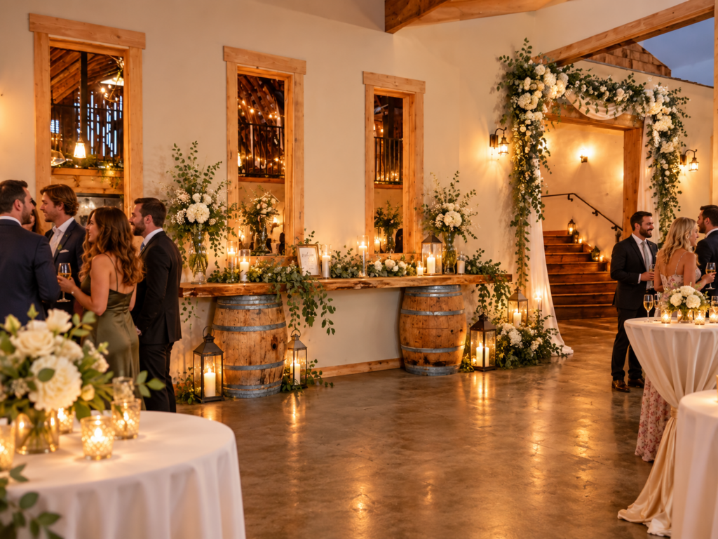 Guests mingle in a banquet hall decorated with flower arrangements, candles, and rustic wooden barrels serving as tables.