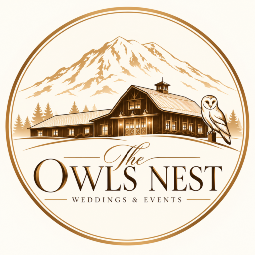 Logo for The Owls Nest Weddings & Events featuring a barn, an owl, and a mountain range within a circular frame.